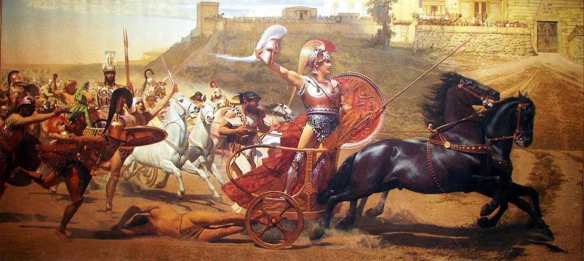 討ち取ったヘクトルを戦車で引きずるアキレウス。