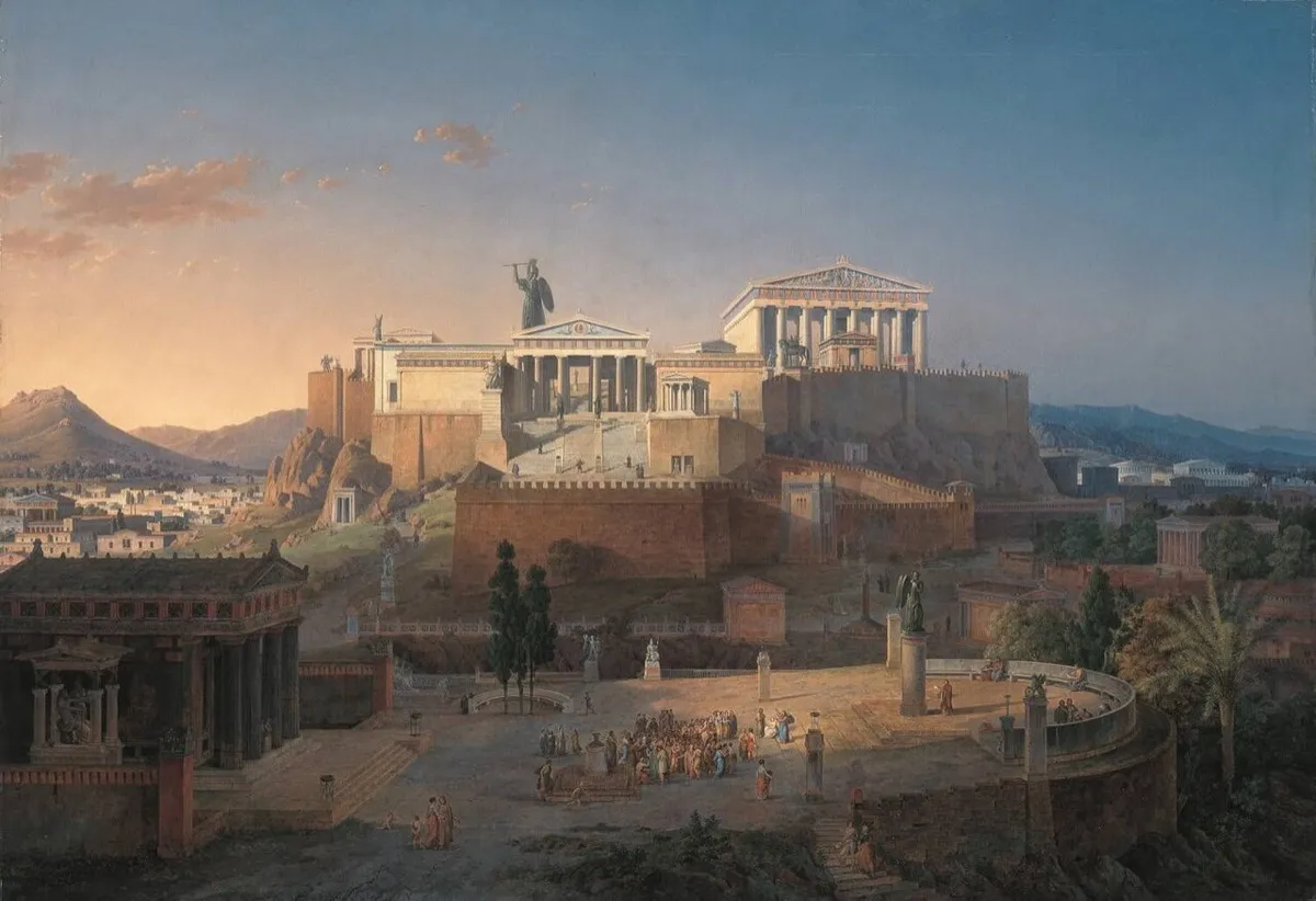 古代のアクロポリスを思い描いた、19世紀の画家の絵。丘の上に神殿が並ぶ。