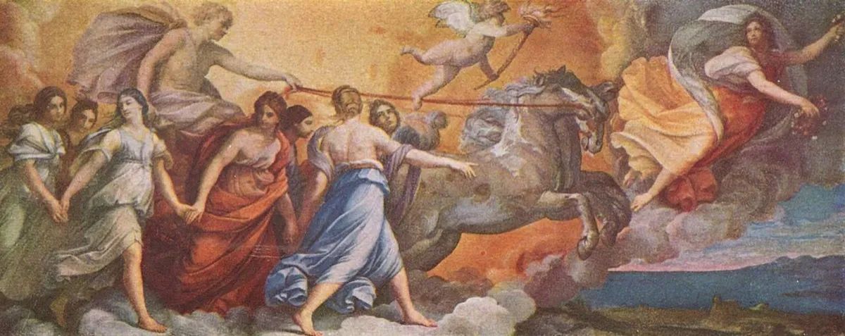 馬車に乗った太陽の神アポロンの先を飛ぶ、曙の女神。グイド・レーニの絵(1612〜1614年)。