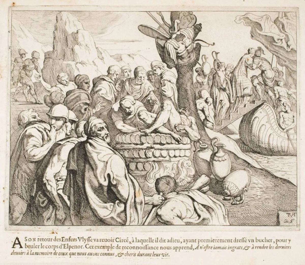仲間エルペノルの亡骸を火葬するオデュッセウスたち。17世紀の版画。