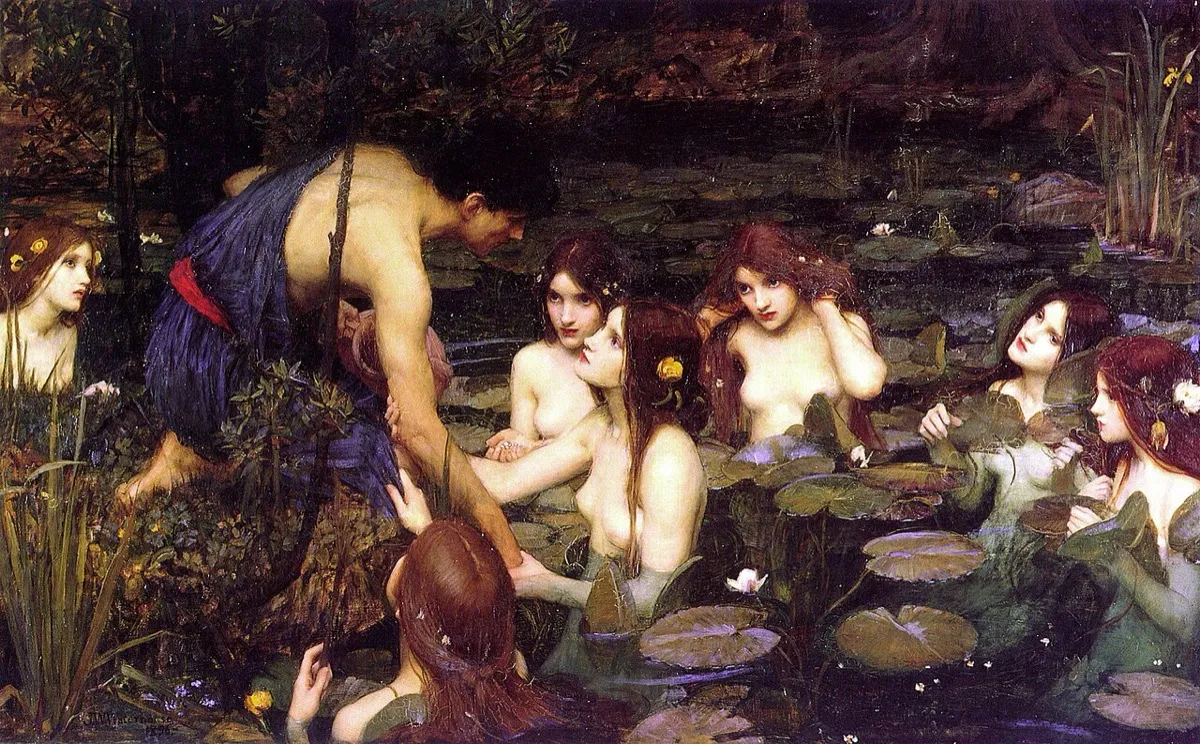 水をくみに来た美少年を、泉のニンフたちが水の中へ引き込もうとする。