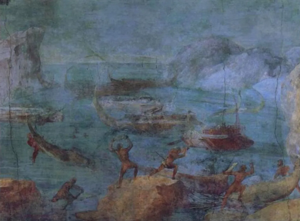 港の船団に、巨人たちが上から岩を投げつける。ローマ時代の壁画。