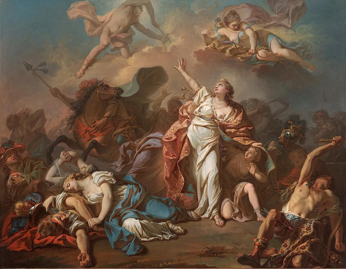 母を見下した王妃の子どもたちを、矢で襲う双子の神。ダヴィッドの絵(1772年)。