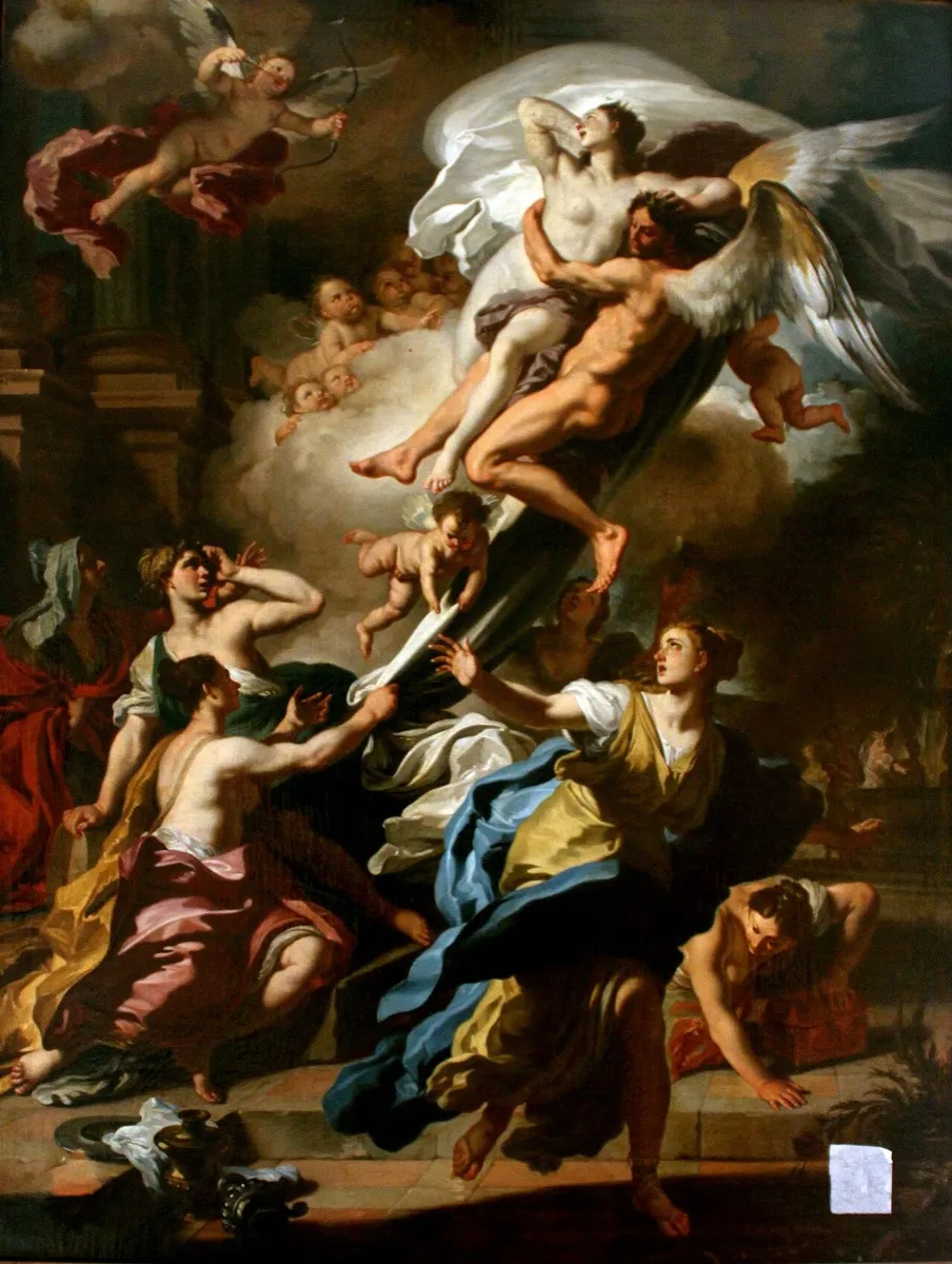 アテネの王女をさらって空へ舞い上がる北風の神。