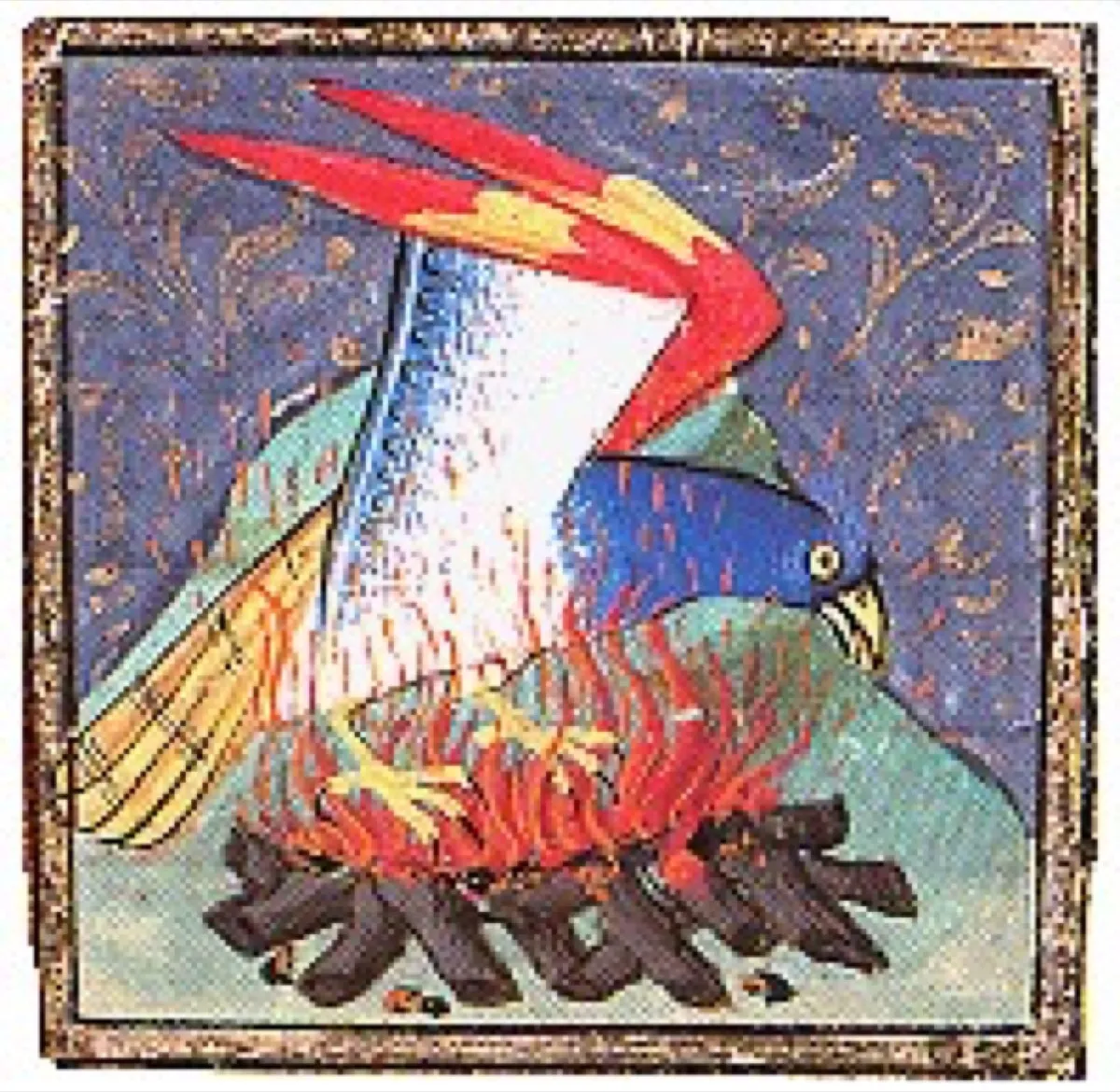 燃える炎の中に身を置く不死鳥。中世の写本の挿絵。