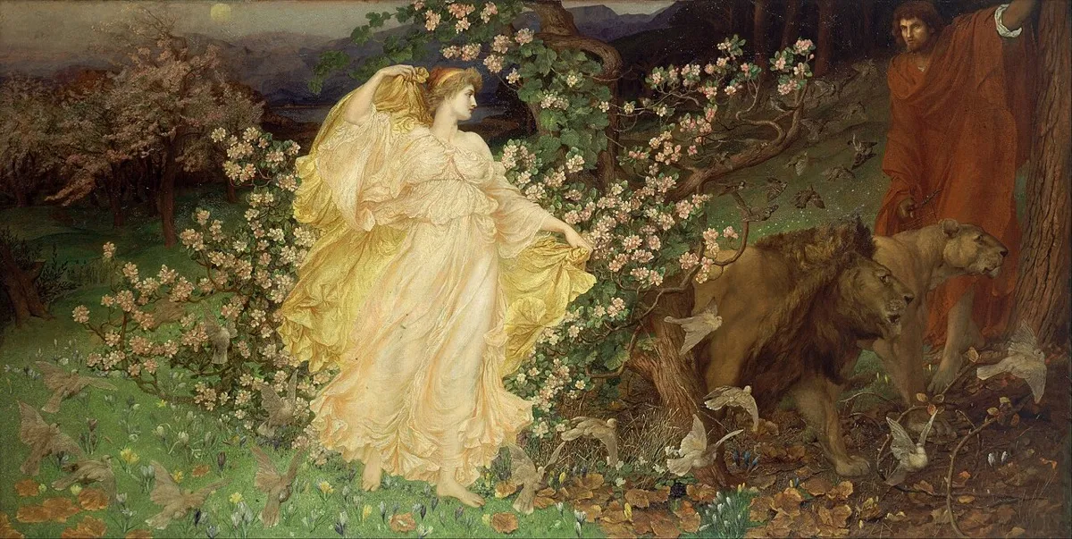 獅子を従えて山を行く女神と、その姿を見つめる若者(右)。リッチモンドの絵(1889〜1890年)。