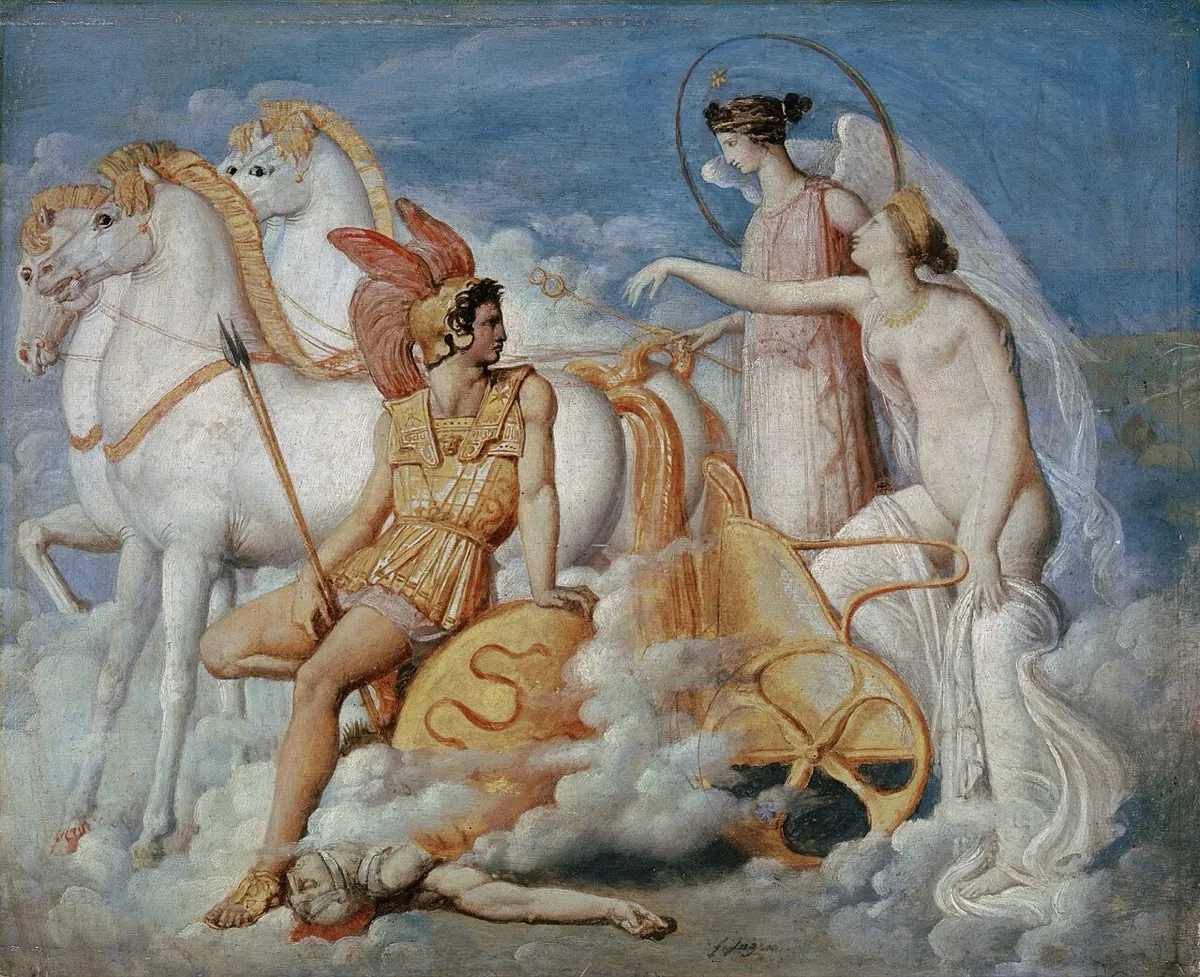 槍で手首を傷つけられ、オリュンポスへ逃げ帰る愛の女神(右)。アングルの絵(1800年または1803年)。